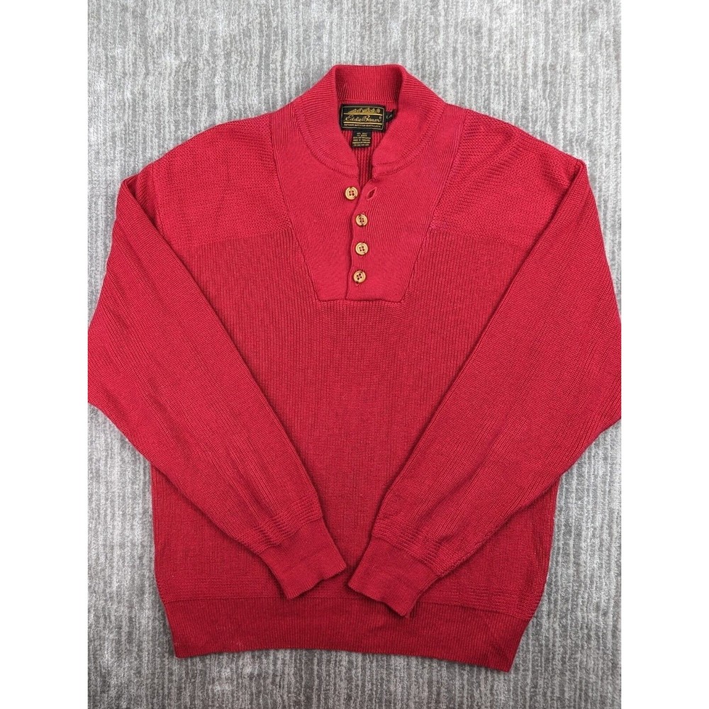 VTG Eddie Bauer Henley Sweater Mens Large Red Knit Pullover Retro Outdoors